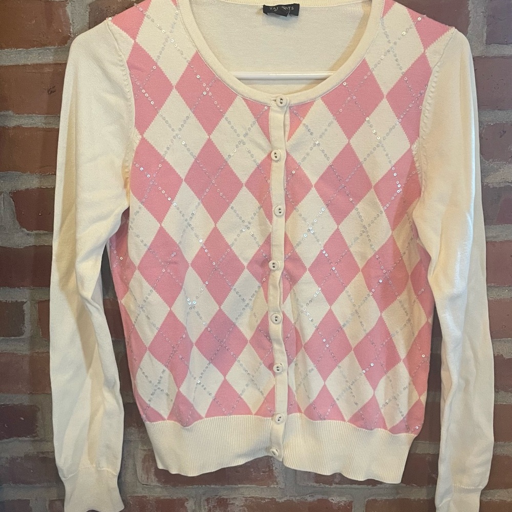 Talbots Pink and Cream Argyle Women's Sweater